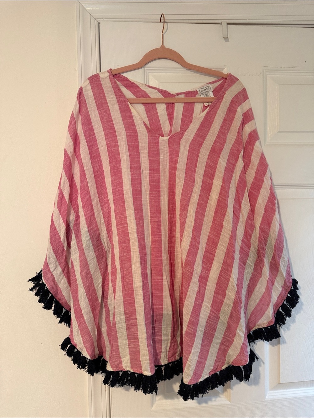 Striped Pink & Cream Poncho Top with Black Tassel Trim (Cover Up)